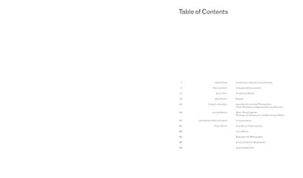 Inhaltsverzeichnis eines Buches mit dem Titel Table of Contents. Es listet Kapitel mit Seitenzahlen, Autoren und Titeln auf. Die Einträge befassen sich mit dem Künstler Jose Dávila und seinen Werken, gefolgt von einer Werkliste, Biografien und Danksagungen.