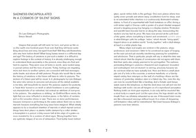 Eine Doppelseite aus einem Buch mit dem englischen Essay Sadness Encapsulated in a Cosmos of Silent Signs von Simon Strauß über die Fotografien von Lars Eidinger. Der Text ist in zwei Spalten auf den Seiten 6 und 7 angeordnet.