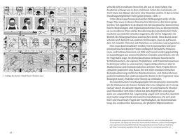 Eine Doppelseite aus einer Publikation. Links eine Schwarz-Weiß-Collage aus verschiedenen illustrierten Anleitungen zum Tragen von Mund-Nasen-Masken. Rechts eine Seite mit deutschsprachigem Text. Unter der Collage steht: 1 Collage des Autors: Mund-Nasen-Masken 2021.