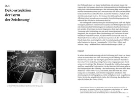 Eine Seite aus einem Buch mit dem Titel Dekonstruktion der Form der Zeichnung. Die Seite enthält Text und ein Schwarz-Weiß-Foto eines komplexen modularen Synthesizer-Setups von Drew McDowall mit vielen Kabeln und einem daneben liegenden Notizbuch.