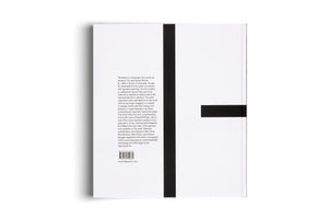 Rückseite eines Kunstbuches über Daniel Richter mit weißem Einband. Es zeigt einen schwarzen Buchrücken, einen englischen Beschreibungstext, einen Barcode und minimalistische schwarze Balken als grafisches Element.