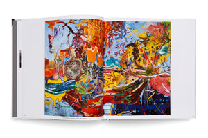 Ein aufgeschlagenes Kunstbuch auf weißem Hintergrund. Die rechte Seite zeigt eine ganzseitige Reproduktion eines großen, farbenfrohen und dynamischen abstrakten Gemäldes. Das Kunstwerk besteht aus einem chaotischen Zusammenspiel von Pinselstrichen, Linien und Farbtropfen in Rot, Gelb, Blau und Orange. Darunter ist der Titel Derivitations dangereux, 1995 zu lesen.