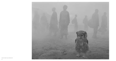Eine surreale Schwarz-Weiß-Fotografie zeigt eine kleine Eule, die auf staubigem Boden im Vordergrund steht, während im Hintergrund mehrere schemenhafte Silhouetten von Menschen durch dichten Nebel gehen.