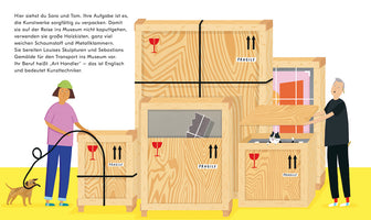 Illustration von zwei Kunsttechnikern, Sara und Tom, die Kunstwerke in große Holzkisten für den Transport verpacken. Sara sichert eine Kiste mit einem Spanngurt, neben ihr ein kleiner Hund. Tom öffnet eine andere Kiste, aus der eine schwarz-weiße Katze schaut. Die Kisten haben FRAGILE-Aufkleber. Im Hintergrund ist ein Text, der ihren Beruf erklärt.
