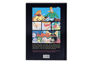 Die Rückseite einer Graphic Novel über die Malerin Hilma af Klint auf schwarzem Grund. Oben sind mehrere farbige Comic-Panels abgebildet, die unter anderem zwei Personen in einem Boot, eine zeichnende Hand, eine Person mit Augenbinde und eine abstrakte Szene mit einer liegenden Figur zeigen. Darunter stehen der Klappentext und ein Barcode.