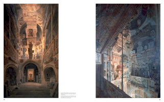 Doppelseite mit zwei Gemälden des Innenraums von Sir John Soane's Museum von Joseph Michael Gandy. Links eine frontale Ansicht einer mehrstöckigen Halle, überfüllt mit antiken Skulpturen und Reliefs. Rechts eine schräge Draufsicht desselben Raumes, die die komplexe Architektur und die dramatische Beleuchtung betont.