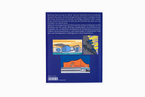 Die Rückseite eines Buches mit dunkelblauem Umschlag über die Architektur Berlins. Oben steht ein deutscher Beschreibungstext, darunter sind drei farbige Illustrationen bekannter Berliner Gebäude im Comicstil abgebildet. Links unten sind ein Barcode und die ISBN zu sehen.