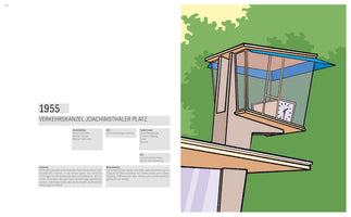 Eine Magazinseite über die Verkehrskanzel Joachimsthaler Platz von 1955. Links befinden sich Infoboxen zu Architekten, Stil und Geschichte. Rechts ist eine farbige Illustration der Kanzel im Stil der Nachkriegsmoderne zu sehen, die auf einer Säule thront und eine verglaste Kabine mit einer Uhr hat.