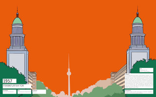 Eine grafische Illustration des Frankfurter Tors in Berlin. Zwei symmetrische Türme im Stil des Sozialistischen Klassizismus mit grünen Kuppeln stehen vor einem leuchtend orangen Himmel. In der Mitte ist in der Ferne der Berliner Fernsehturm zu sehen. Textboxen geben Informationen zum Bauwerk.