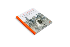 Schrägansicht des Buches Alte Zachen mit einem leuchtend orangen Buchrücken auf weißem Hintergrund. Das Cover zeigt die gezeichnete Illustration eines Jungen und seiner Großmutter, die mit einem Einkaufstrolley durch eine Stadt mit Hochhäusern gehen.