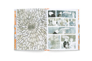 Eine aufgeschlagene Doppelseite einer Graphic Novel. Links strecken sich unzählige gezeichnete Arme mit tätowierten Nummern zur Mitte hin. Rechts eine Comic-Seite im Aquarellstil mit mehreren Panels, die Personen in einem Zug, Dialoge und eine Landkarte von Mitteleuropa zeigen.
