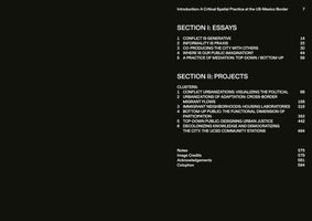Inhaltsverzeichnis eines Buches mit weißem Text auf schwarzem Hintergrund. Die Seite ist in eine Einleitung und zwei Hauptabschnitte unterteilt: Sektion I Essays und Sektion II Projekte. Die Abschnitte listen nummerierte Kapitel mit Titeln und den entsprechenden Seitenzahlen auf. Am Ende der Seite folgen Anmerkungen, Bildnachweise, Danksagungen und ein Kolophon.