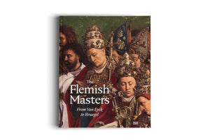 Ein Hardcover-Buch mit dem Titel The Flemish Masters, From Van Eyck to Bruegel. Der Umschlag zeigt ein Gemäldedetail von flämischen Meistern mit Klerikern in reich verzierten Gewändern und juwelenbesetzten Kronen.