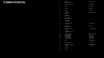 Ein minimalistisches Inhaltsverzeichnis auf schwarzem Hintergrund. Der Titel CONTENTS ist in einer weißen, futuristischen Blockschriftart. Darunter befindet sich eine Liste von Kapiteln und Autoren mit Seitenzahlen, alles in einer weißen, computerähnlichen Schriftart.