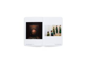 Ein aufgeschlagenes Buch zeigt auf zwei Seiten Fotografien aus der Serie People Matching Artworks. Links betrachtet eine Person von hinten ein düsteres Gemälde von Friedrich. Rechts stehen zwei Männer vor einem Gemälde von Hodler, das Frauen in grünen Kleidern darstellt, wobei einer der Männer ein farblich passendes grünes Oberteil trägt.