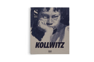 Ausstellungskatalog des Städel Museums mit dem Titel KOLLWITZ auf grauem Karton. Das Cover zeigt ein ausdrucksstarkes, schwarz-weißes Selbstporträt der Künstlerin Käthe Kollwitz, die nachdenklich ihr Gesicht in ihre Hand stützt.