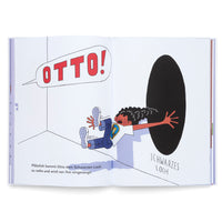 Eine Doppelseite aus einem Kinderbuch zeigt eine Comicfigur namens Otto, die mit erschrockenem Gesichtsausdruck rückwärts in ein großes, als SCHWARZES LOCH beschriftetes, schwarzes Loch gesaugt wird. Seine Beine zappeln in der Luft. Eine Sprechblase über ihm ruft OTTO!. Der Text darunter beschreibt die Szene.