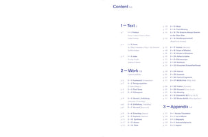 Ein Inhaltsverzeichnis mit dem Titel Content, das in drei Hauptbereiche gegliedert ist: 1 – Text, 2 – Work und 3 – Appendix. Die Einträge sind in zwei Spalten angeordnet und listen Kapitel auf Englisch und Deutsch mit den entsprechenden Seitenzahlen auf. Die Hauptüberschriften enthalten auch koreanische Schriftzeichen.