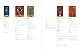 Doppelseite eines Kunstkatalogs mit fünf Gemälden von Chrysanthemen in Töpfen und einer Vase, jeweils mit Beschreibungen in Englisch, Französisch und Chinesisch.