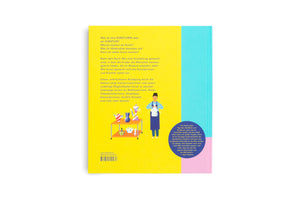 Die Rückseite eines Kinderbuchs auf einem leuchtend gelben Hintergrund mit einem vertikalen Streifen in Blau und Rosa auf der rechten Seite. Links ist ein deutscher Klappentext abgedruckt. In der Mitte befindet sich die Illustration eines Künstlers in einer Schürze, der eine Vase hält, darunter ein Regal mit bunten Keramikobjekten. Rechts unten steht ein Zitat von Yayoi Kusama in einem blauen Kreis.