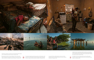 Eine Fotocollage über die Lebensbedingungen in Venezuela. Oben: ein Mädchen liegt im Bett; eine Mutter hält ihr Kind in einer kargen Küche. Unten: eine Straße mit Kabelsalat, Fischer auf einem See mit Ölplattformen, Kinder am verschmutzten Ufer und eine Person, die von einer alten Bohrinsel springt.
