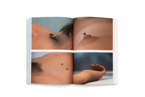 Ein aufgeschlagenes Buch zeigt eine Doppelseite mit einem Raster aus vier körnigen Farbfotos. Jedes Foto ist eine Nahaufnahme von Fliegen, die auf verschiedenen Teilen eines menschlichen Körpers sitzen: auf der Brust, einer Brustwarze, dem Bauch und einer Hand.