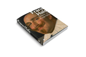 Schrägansicht des Buches Frans Hals Meister des Augenblicks auf weißem Hintergrund. Das schwarze Cover zeigt das Porträt eines Mannes mit großem Schnurrbart und weißem Mühlsteinkragen.