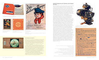 Eine Doppelseite aus einem Buch über frühe deutsche Filmgeschichte, die verschiedene Artefakte zeigt. Links sind eine Agfa-Magnetbandspule, Kinowerbung, eine Zeichnung und ein Glasdiapositiv eines Schiffs abgebildet. Rechts befinden sich ein Foto eines antiken Filmprojektors und ein handschriftlicher Brief, begleitet von deutschem Text.