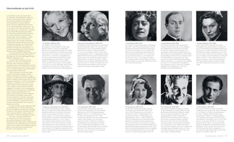 Eine Doppelseite aus einem Buch mit dem Titel Filmschaffende im Exil (I/IV). Die Seiten zeigen deutschen Text und zehn nummerierte Schwarz-Weiß-Porträts von Filmschaffenden wie Gitta Alpár, Rosy Barsony, Ludwig Berger und Elisabeth Bergner. Jedes Porträt ist mit einer kurzen Biografie versehen.