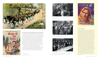 Eine Doppelseite aus einem Buch über den deutschen Film, die sich mit dem Heimatfilm der 1950er-Jahre befasst. Sie zeigt Textabschnitte, Filmplakate wie Grün ist die Heide und mehrere Szenenfotos, darunter eine große, farbige Aufnahme einer Prozession mit Menschen in Trachten.