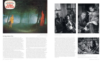 Buchdoppelseite über die Edgar-Wallace-Filme. Links das Filmplakat zu Der Mönch mit der Peitsche mit einer Frau im nebligen Wald und einer Gestalt in roter Kutte. Rechts drei Schwarz-Weiß-Fotos von den Dreharbeiten und einer Kneipenszene aus einem Film. Der Text behandelt die Krimireihe.
