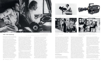 Schwarz-Weiß-Ansicht einer Buchdoppelseite mit dem Titel 1970–1979: Einleitung. Die Seite behandelt den Neuen Deutschen Film und zeigt mehrere Filmstills, darunter eine große Szene mit zwei Männern in einem Fahrzeug und kleinere Bilder von Dreharbeiten, einer Kamera und Schauspielern.