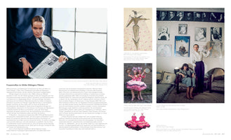 Buchdoppelseite über die Filme von Ulrike Ottinger. Links ein großes Foto von Veruschka von Lehndorff als Dorian Gray in einem Nadelstreifenanzug, die eine Zeitung hält. Rechts eine Collage mit einem Kostümentwurf, einem Filmstill mit zwei Frauen in rosa Kostümen, einem Atelierfoto von zwei Frauen vor einer Bilderwand und rosa Ohrringen in Form von Kleidern.