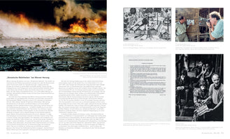 Eine Buch-Doppelseite über Werner Herzog mit dem Titel Ekstatische Wahrheiten. Die Seite zeigt eine Collage aus Text und fünf Bildern: ein brennendes Ölfeld, eine Zeichnung eines Lagers, Herzog bei Dreharbeiten, ein Textdokument und Herzog mit Schauspielern am Set.