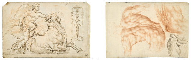Zwei Studien auf einem alten Papierblatt. Links eine Tuschezeichnung einer geflügelten Figur, die auf einem liegenden Stier sitzt, daneben die Skizze eines Leuchters. Rechts eine anatomische Studie eines Tierkörpers in Rötelkreide.