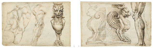 Zwei nebeneinander liegende Blätter mit Skizzen in brauner Tinte aus der Renaissance. Das linke Blatt zeigt anatomische Studien eines muskulösen männlichen Oberkörpers und Arms sowie eine groteske Figur mit Löwenkopf. Das rechte Blatt zeigt die Studie eines geflügelten Greifen und eines muskulösen menschlichen Beins.