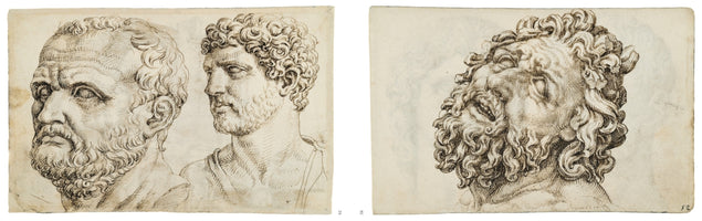 Zwei Studienzeichnungen von antiken Männerköpfen mit Tusche auf Papier. Links: der Kopf eines älteren Philosophen mit Bart neben dem Kopf eines jüngeren Mannes mit Locken im Profil. Rechts: der Kopf eines bärtigen Mannes, der in Qual oder Ekstase nach hinten geworfen ist.
