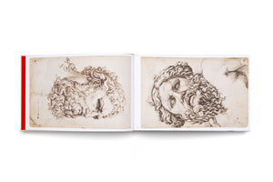 Ein aufgeschlagenes Buch zeigt auf zwei Seiten detaillierte Federzeichnungen von Männerköpfen mit lockigem Haar und Bart im Stil der Renaissance, dargestellt auf gealtertem Papier vor einem weißen Hintergrund.