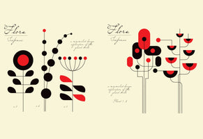 Eine minimalistische grafische Illustration von stilisierten Pflanzen im Retro-Stil. Auf einem cremefarbenen Hintergrund sind geometrische Pflanzenformen in Schwarz und Rot dargestellt, die an eine botanische Tafel erinnern. Die linke Seite zeigt drei einzelne Pflanzen, die rechte Seite eine komplexere Komposition.