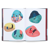 Ein aufgeschlagenes Kinderbuch zeigt eine Doppelseite mit fünf farbigen Illustrationen zum Thema Schatten. Die Bilder zeigen eine Menschengruppe, eine alte Person mit langem Schatten, die kurzen Schatten zweier Personen, eine Figur nachts unter einer Laterne und ein Mädchen, dessen Schatten die Form einer Katze hat.