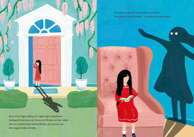 Zweigeteilte Illustration: Links steht ein Mädchen im roten Kleid vor einer Haustür, ihr Schatten auf dem Boden hat Augen. Rechts liest das Mädchen drinnen ein Buch, während ihr Schatten an der Wand hinter ihr zu einer großen, wilden Figur mit leuchtenden Augen wird, die die Arme ausbreitet.