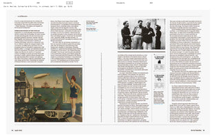 Eine Doppelseite aus einem Magazin mit einem Artikel über Surrealismus und Politik. Der Text wird von drei Bildern begleitet: einem surrealistischen Gemälde einer Frau vor einer Stadtlandschaft mit einem Zeppelin, einem Schwarz-Weiß-Foto von mehreren Männern und den Titelseiten der Zeitschrift La Révolution Surréaliste.