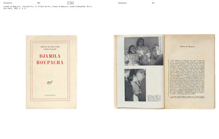 Das Cover und eine aufgeschlagene Doppelseite des Buches Djamila Boupacha von Simone de Beauvoir und Gisèle Halimi. Links das cremefarbene Cover mit rotem Titel. Rechts die Innenseite mit zwei Schwarz-Weiß-Fotos von Djamila Boupacha und französischem Text, der ihren Fall beschreibt.