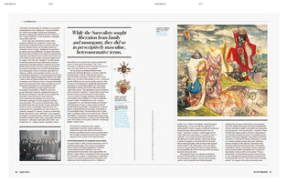 Eine Doppelseite aus der Zeitschrift Art in America, April 2022. Der Artikel befasst sich mit dem Surrealismus und zeigt links Text und ein Schwarz-Weiß-Foto einer Männergruppe. Rechts ist ein großes, farbenfrohes, surrealistisches Gemälde von Leonora Carrington zu sehen, das fantastische Kreaturen in einer traumhaften Landschaft darstellt. Zwischen den Textspalten sind zwei kleine Bilder von Masken abgebildet.