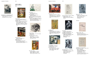 Eine Doppelseite aus einem Ausstellungskatalog mit dem Titel Ausgestellte Werke. Die Seiten zeigen eine Vielzahl von surrealistischen und modernistischen Kunstwerken, darunter Gemälde, Zeichnungen und Fotografien, jeweils mit einem begleitenden Beschreibungstext.