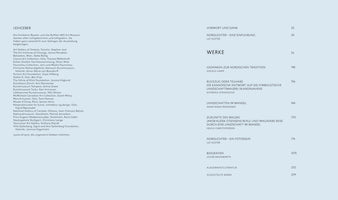 Eine aufgeschlagene Doppelseite eines Buches. Links ist die Seite der Leihgeber mit einer Liste von Museen und Stiftungen. Rechts ist das Inhaltsverzeichnis mit Kapiteln wie Vorwort, Werke und Biografien sowie den Seitenzahlen.