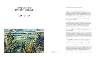 Eine Seite aus einer Kunstpublikation mit dem Titel Nordlichter – Eine Einführung von Ulf Küster. Links ist ein Landschaftsgemälde von Helmi Biese zu sehen, das eine felsige Küste mit Bäumen unter einem bewölkten Himmel zeigt. Rechts befindet sich der dazugehörige Textartikel.