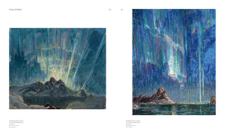 Zwei Gemälde von Anna Boberg, die Nordlichter in Norwegen darstellen. Links ein breiteres Bild mit grünen und gelben Lichtstrahlen über einer Bergkette. Rechts ein höheres Bild mit blauen und türkisfarbenen Lichtvorhängen, die sich über einer Felsformation im Wasser ergießen.
