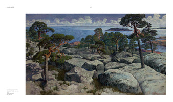Ein Gemälde von Helmi Biese, das eine sonnige, felsige Schärenlandschaft darstellt. Im Vordergrund wachsen knorrige Kiefern zwischen großen, grauen Felsblöcken, die zum weiten, blauen Meer hinabführen. Am Horizont sind kleine, bewaldete Inseln unter einem Himmel mit weißen Wolken zu erkennen.