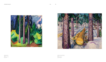 Eine Doppelseite aus einem Kunstbuch über Edvard Munch. Links das Gemälde Tannenwald, eine expressionistische Darstellung eines Waldes mit hohen, farbenfrohen Bäumen. Rechts das Gemälde Der gelbe Baumstamm, das eine verschneite Waldlandschaft mit einem großen, gefällten Baumstamm im Vordergrund zeigt.